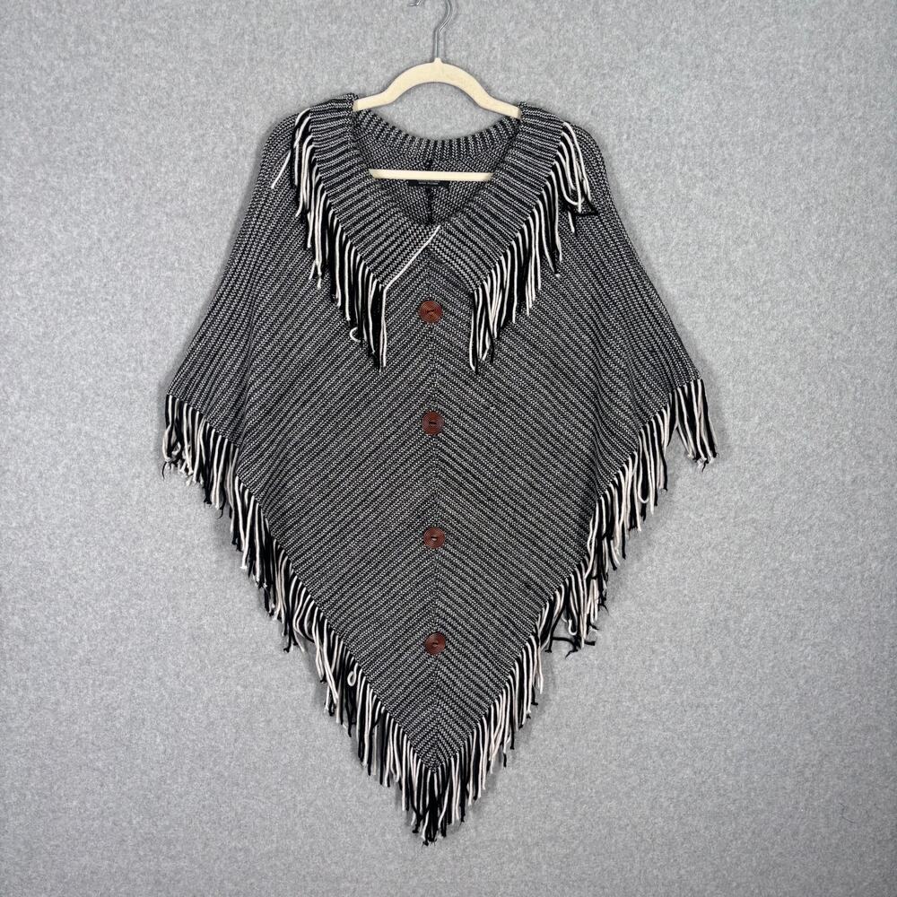 Poncho Sweater Fringe OS Shawl Cape Cottage Farmhouse Comfy‎ Cozy Homemade Look